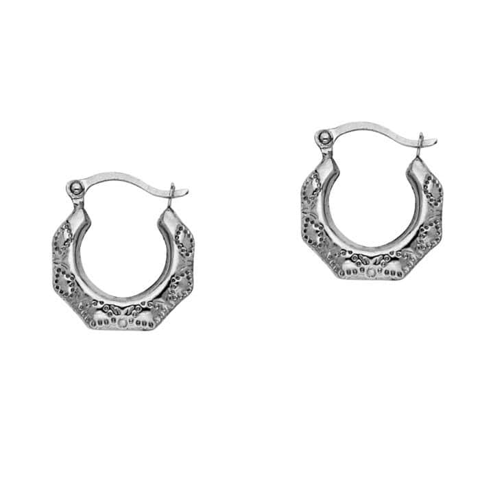 14K White Gold Fancy Hollow Hoop Earrings
