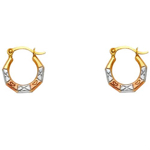 14K Tri Color Gold Fancy Hollow Hoop Earrings