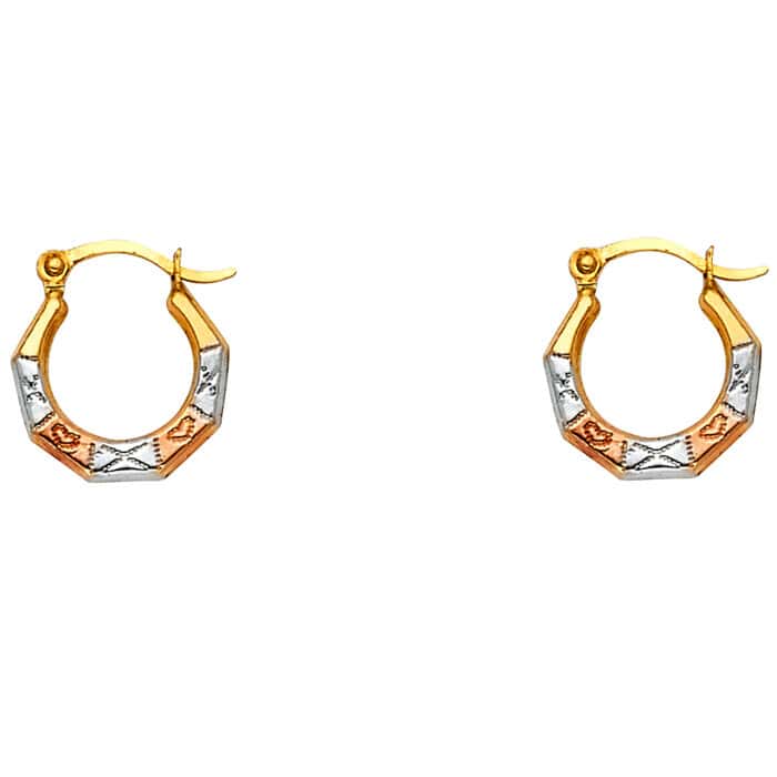 14K Tri Color Gold Fancy Hollow Hoop Earrings