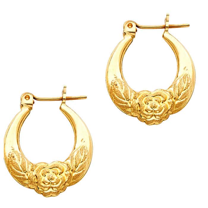 14K Yellow Gold Fancy Hollow Hoop Earrings - Image 2