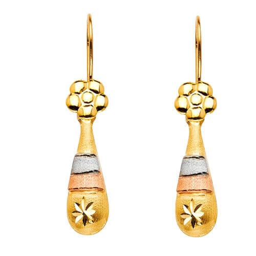 14K Tri Color Gold Hollow Teardrop Hanging Earrings