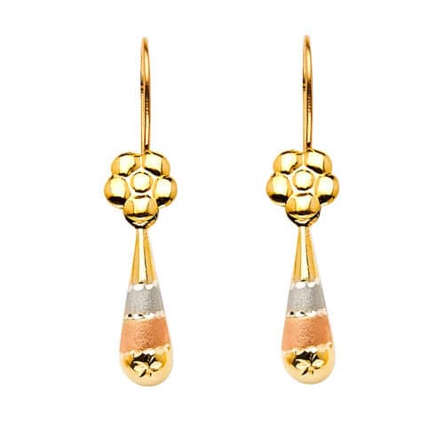 14K Tri Color Gold Hollow Teardrop Hanging Earrings