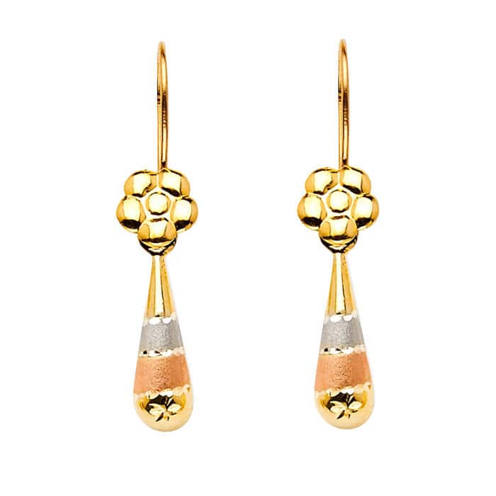 14K Tri Color Gold Hollow Teardrop Hanging Earrings