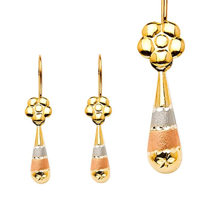 14K Tri Color Gold Hollow Teardrop Hanging Earrings - Image 3