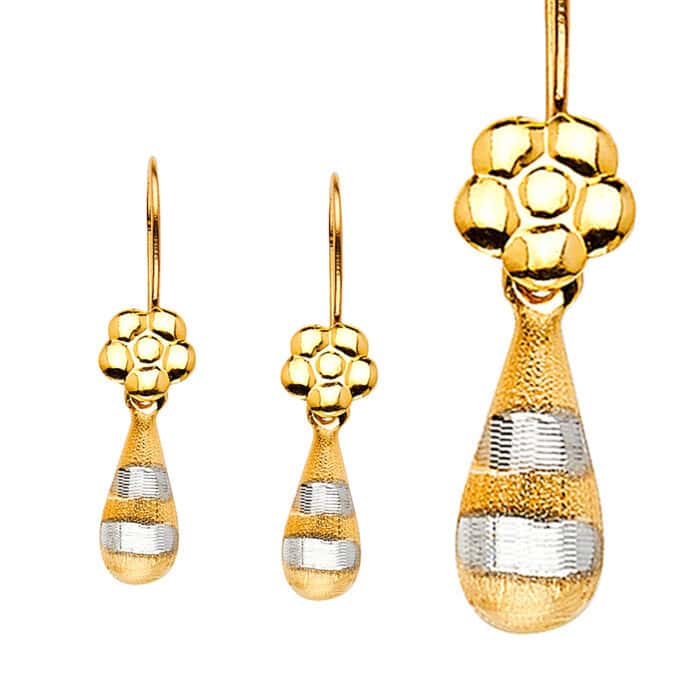 14K Two Tone Gold Hollow Teardrop Hanging Earrings - Image 2