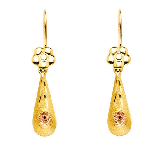14K Two Tone Gold Hollow Flower Teardrop Hanging Earrings