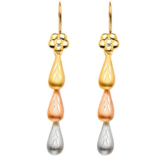 14K Tri Color Gold Hollow 3 TeardropS Hanging Earrings