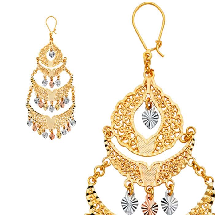 14K Tri Color Gold Dimond Cut Channeldelier Hanging Earrings - Image 2