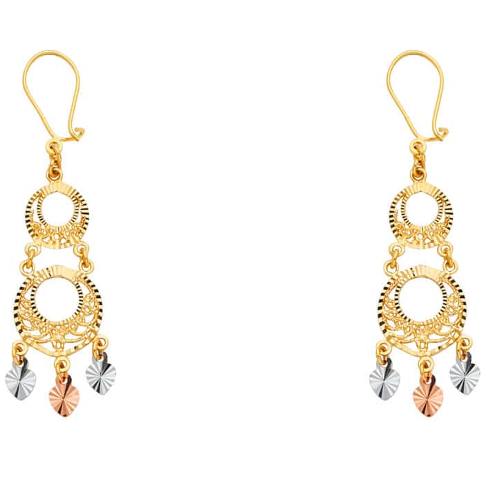14K Tri Color Gold Diamond Cut Channeldelier Hanging Earrings - Image 3