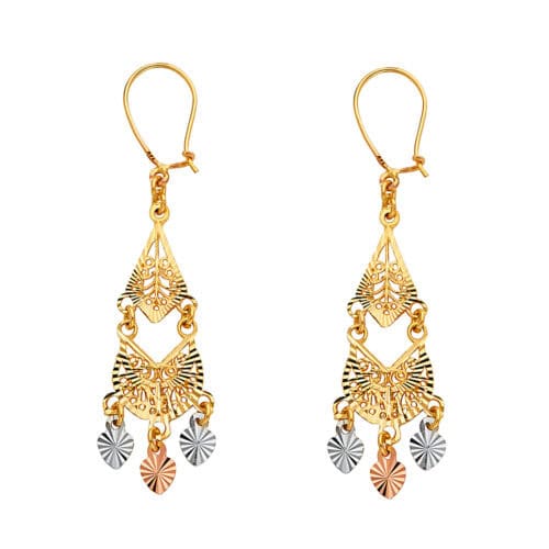 14K Tri Color Gold Diamond Cut Channeldelier Hanging Earrings