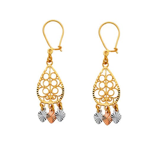 14K Tri Color Gold Diamond Cut Channeldelier Hanging Earrings