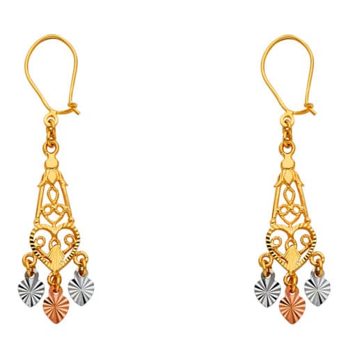 14K Tri Color Gold Diamond Cut Channeldelier Hanging Earrings