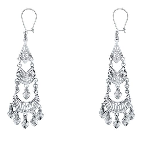 14K White Gold Diamond Cut Channeldelier Hanging Earrings