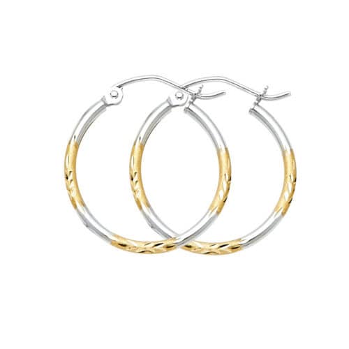 14K Two Tone Gold Diamond Cut Hoop Earrings