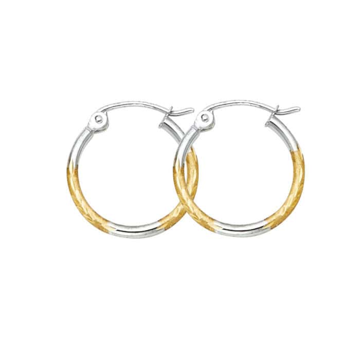 14K Two Tone Gold Diamond Cut Hoop Earrings