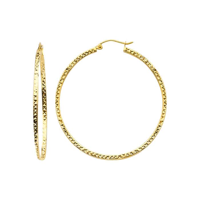 14K Yellow Gold Full Diamond Cut Hollow Square Tube Hoop Earrings