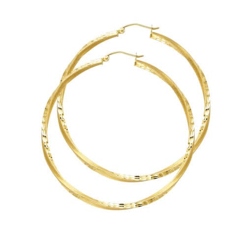 14K Yellow Gold 2.6mm Diamond Cut Satin Hoop Earrings