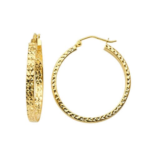 14K Yellow Gold Full Diamond Cut Hollow Square Tube Hoop Earrings