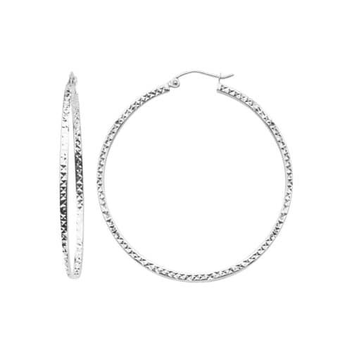 14K White Gold Full Diamond Cut Hollow Square Tube Hoop Earrings