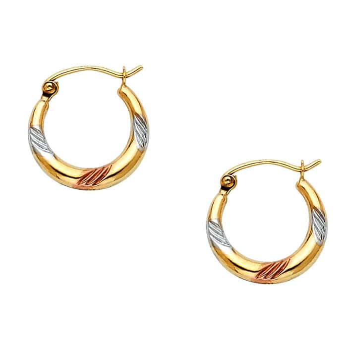 14K Tri Color Gold Fancy Hollow Hoop Earrings - Image 3