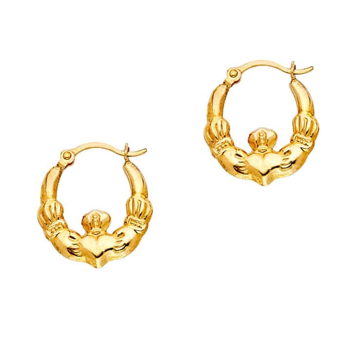 14K Yellow Gold Claddagh Hollow Hoop Earrings - Image 2
