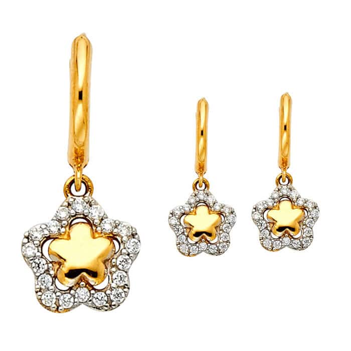 14K Yellow Gold Flower Cubic Zirconia Hanging Earrings - Image 2