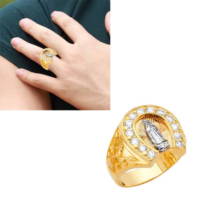 14K Tri Color Gold Horse Shoe Men's Cubic Zirconia Ring w/Guadalupe - Image 2