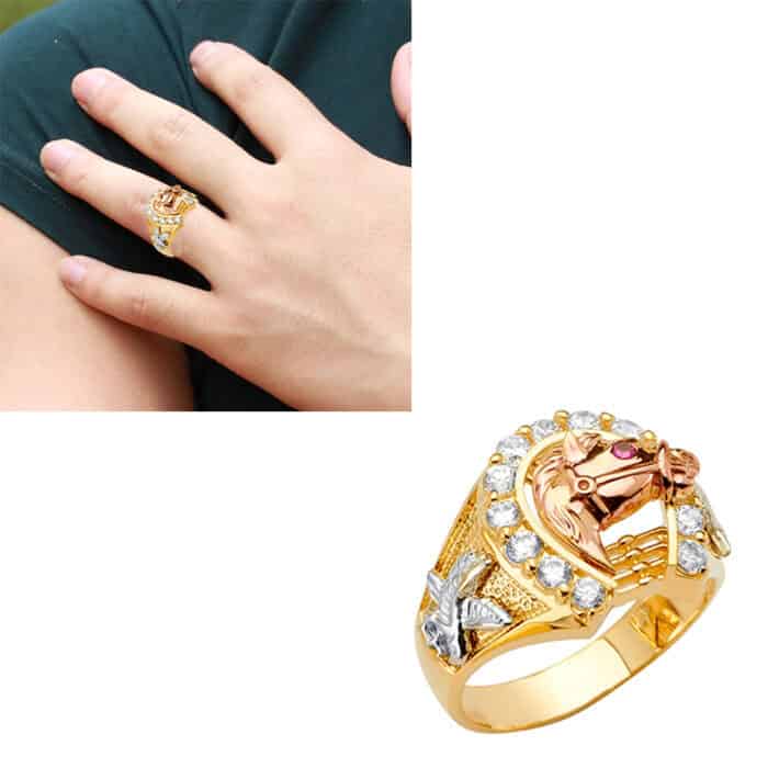 14K Tri Color Gold Horse Shoe Men's Cubic Zirconia Ring - Image 3