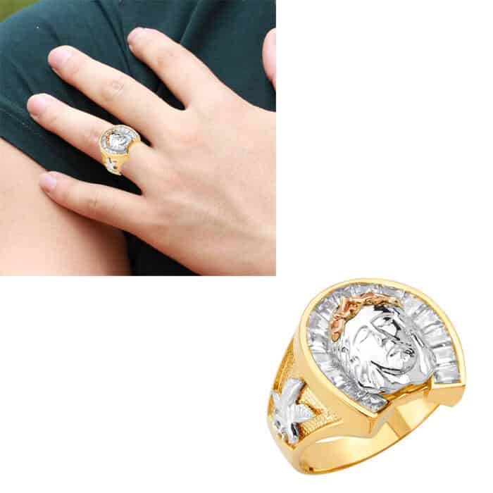 14K Tri Color Gold Horse Shoe Men's Cubic Zirconia Ring w/Jesus - Image 3