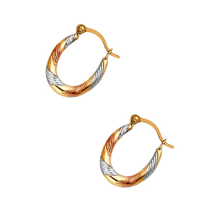 14K Tri Color Gold Fancy Hollow Hoop Earrings - Image 2