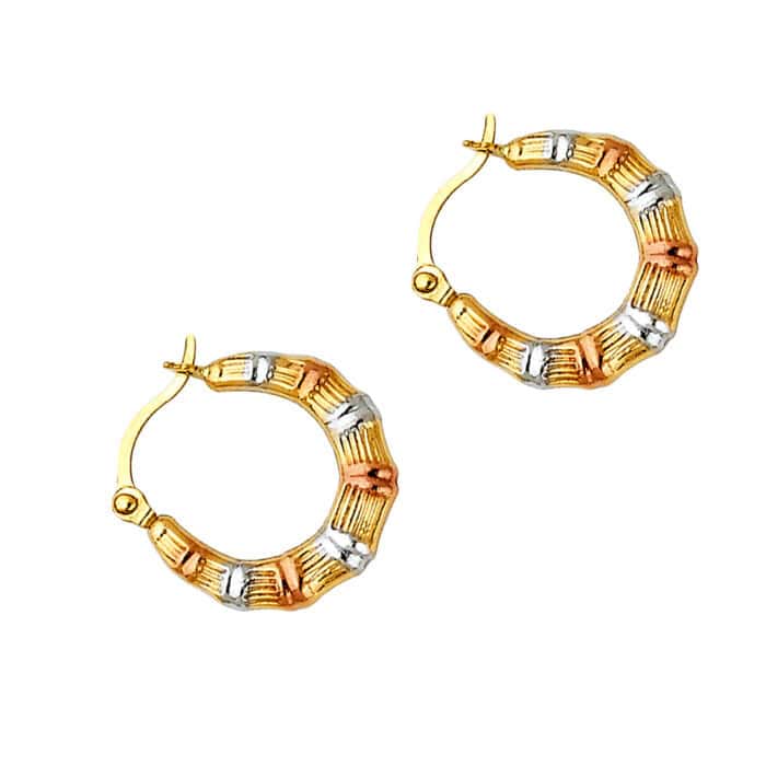 14K Tri Color Gold Fancy Hollow Hoop Earrings - Image 2