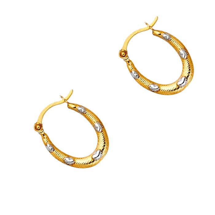 14K Two Tone Gold Fancy Hollow Hoop Earrings - Image 2