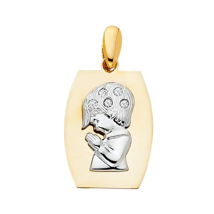 14K Two Tone Cubic Zirconia Religious Praying Boy Pendant