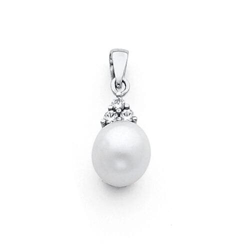 14K White Gold 8mm Pearl with Cubic Zirconia Pendant