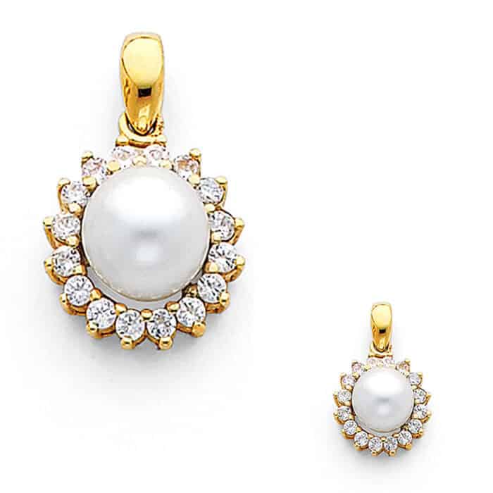 14K Yellow Gold 8mm Pearl with Cubic Zirconia Pendant - Image 3