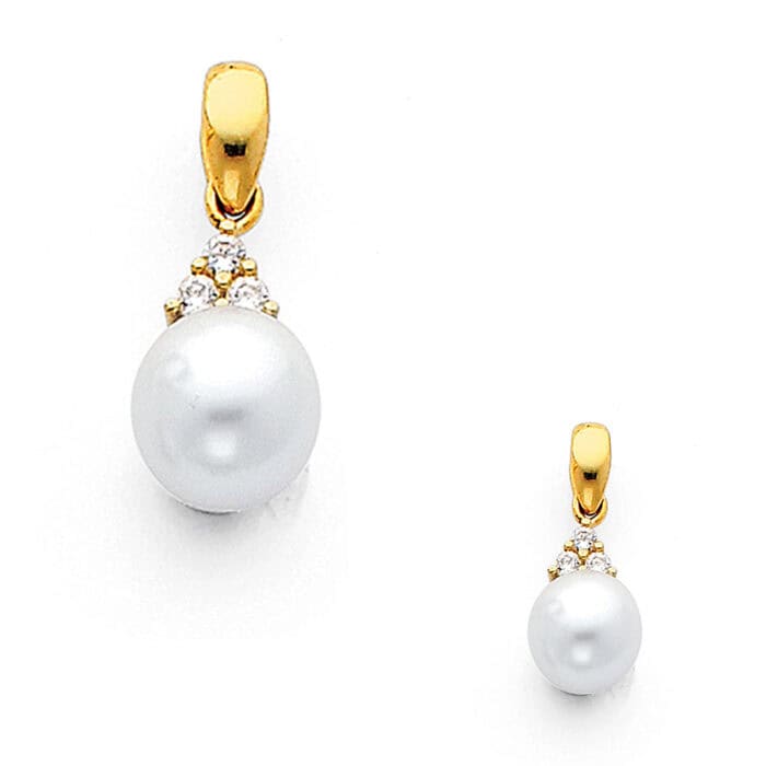 14K Yellow Gold 8mm Pearl with Cubic Zirconia Pendant - Image 2