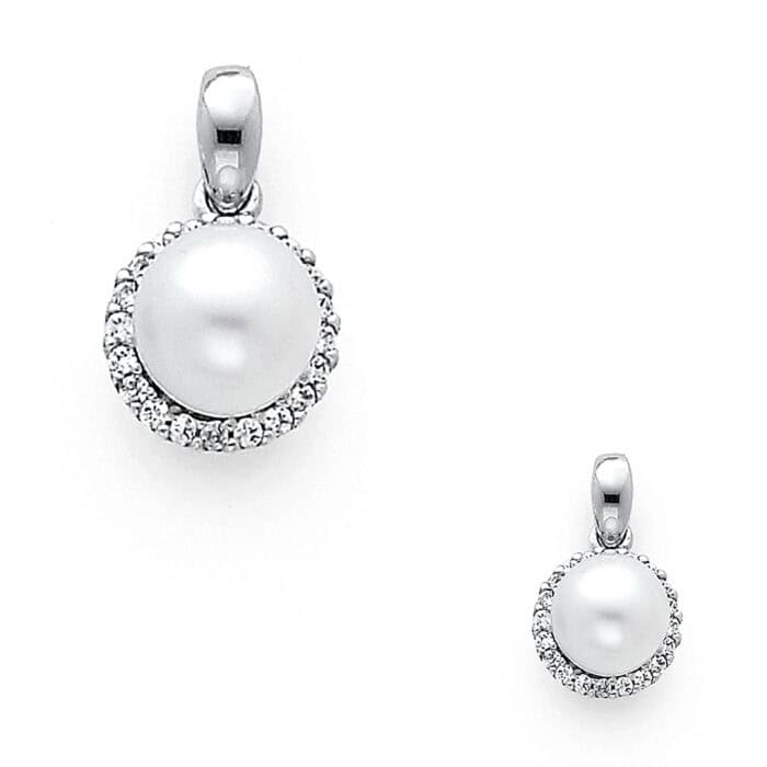 14K White Gold 8mm Pearl with Cubic Zirconia Pendant - Image 2