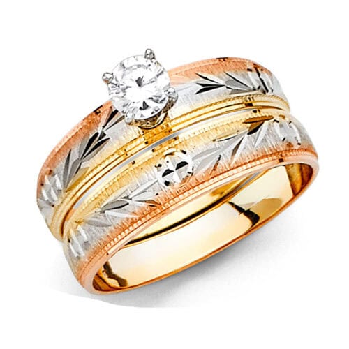 14K Tri Color Gold Cubic Zirconia Engagement Ring and Ladies Wedding Band Set