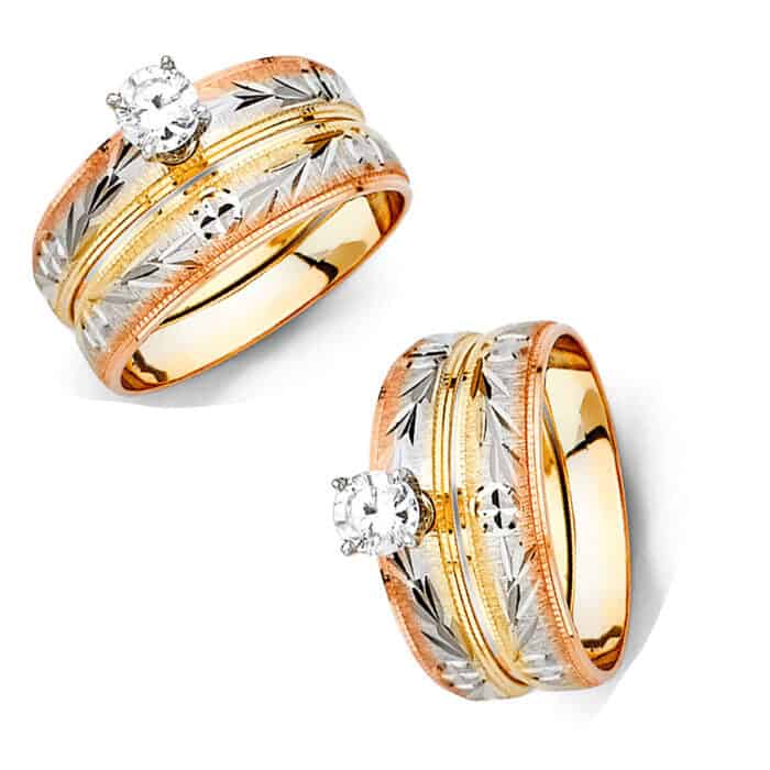 14K Tri Color Gold Cubic Zirconia Engagement Ring and Ladies Wedding Band Set - Image 3