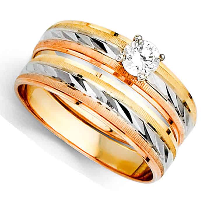 14K Tri Color Gold Cubic Zirconia Engagement Ring and Ladies Wedding Band Set - Image 2