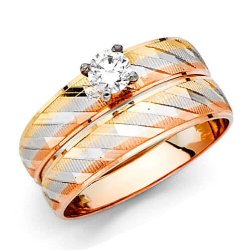 14K Tri Color Gold Cubic Zirconia Engagement Ring and Ladies Wedding Band Set