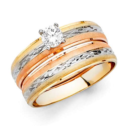 14K Tri Color Gold Cubic Zirconia Engagement Ring and Ladies Wedding Band Set