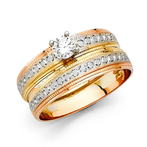14K Tri Color Gold Cubic Zirconia Engagement Ring and Ladies Wedding Band Set
