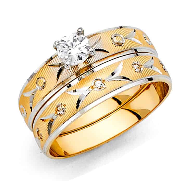 14K Two Tone Gold Cubic Zirconia Engagement Ring and Ladies Wedding Band Set