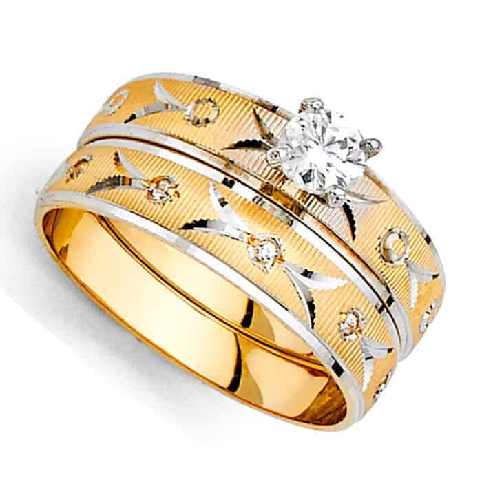 14K Two Tone Gold Cubic Zirconia Engagement Ring and Ladies Wedding Band Set - Image 2