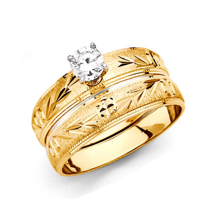 14K Yellow Gold Cubic Zirconia Engagement Ring and Ladies Wedding Band Set