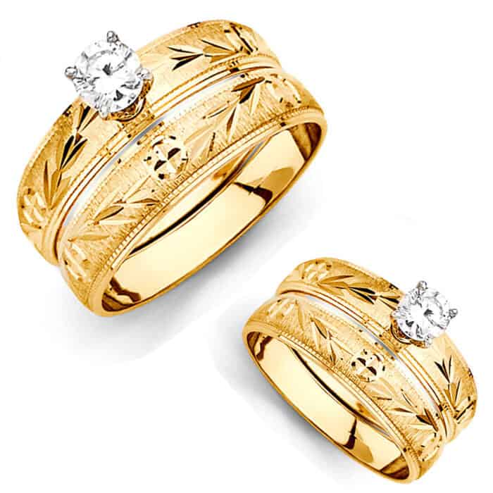 14K Yellow Gold Cubic Zirconia Engagement Ring and Ladies Wedding Band Set - Image 3