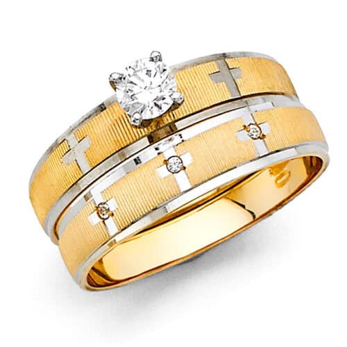 14K Two Tone Gold Cubic Zirconia Engagement Ring and Ladies Wedding Band Set