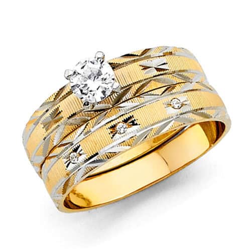 14K Two Tone Gold Cubic Zirconia Engagement Ring and Ladies Wedding Band  Set