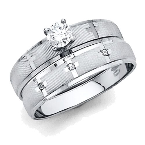 14K White Gold Cubic Zirconia Engagement Ring and Ladies Wedding Band Set